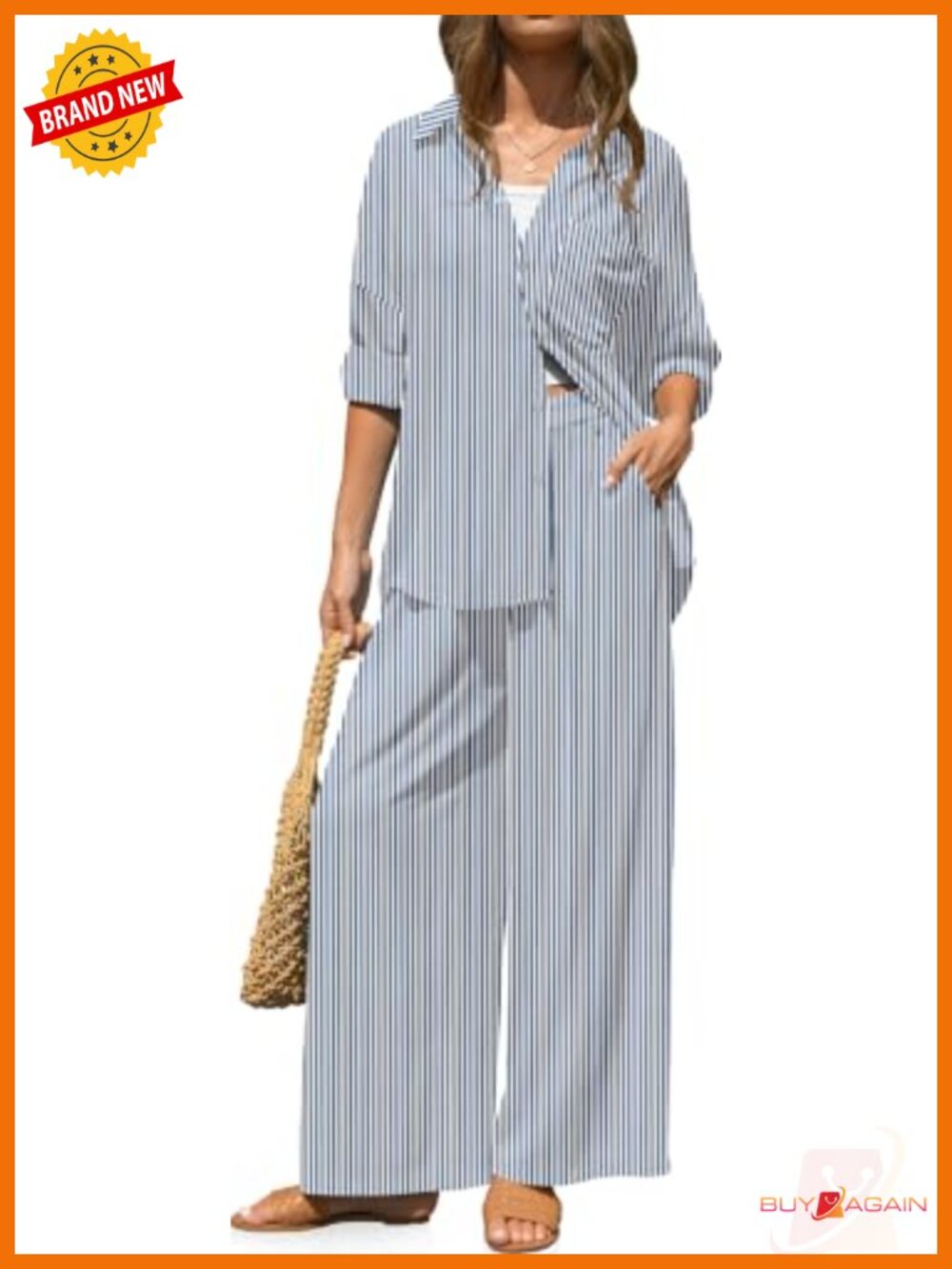 Linen Blend 2 Piece Lounge Set Button Down Shirt Wide Leg Pants